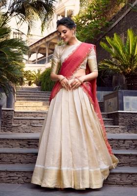 Cream Zari Work Jacquard Lehenga Set