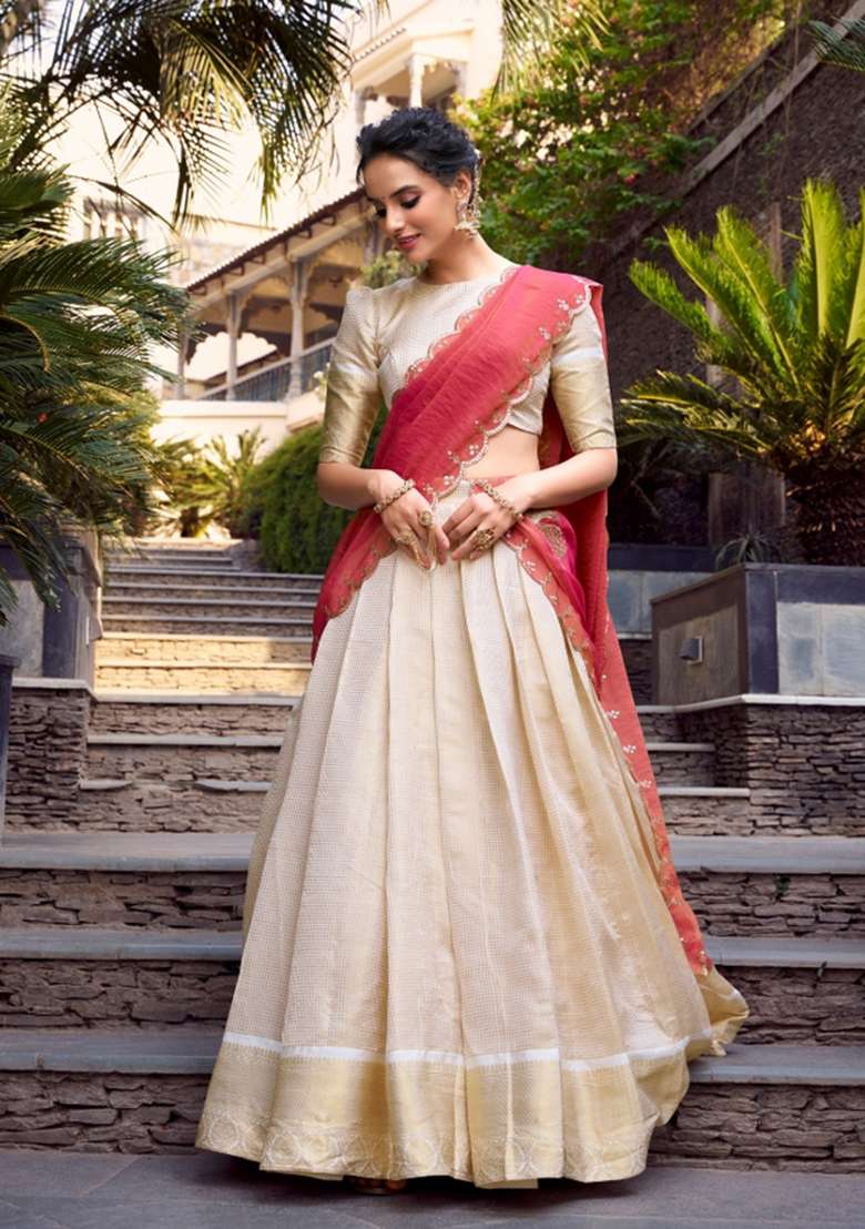 Cream Jacquard Lehenga Set with Zari Work for Diwali | Wedding & Festive Wear - Indya