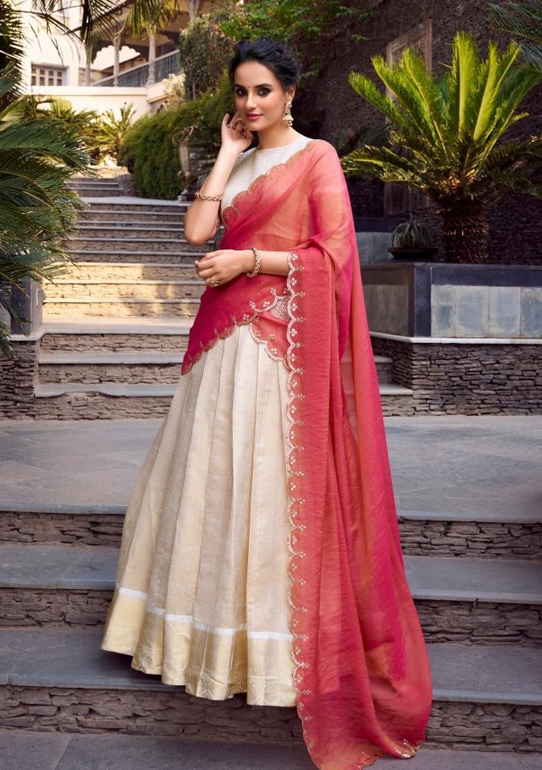 Cream Zari Work Jacquard Lehenga Set - Indya