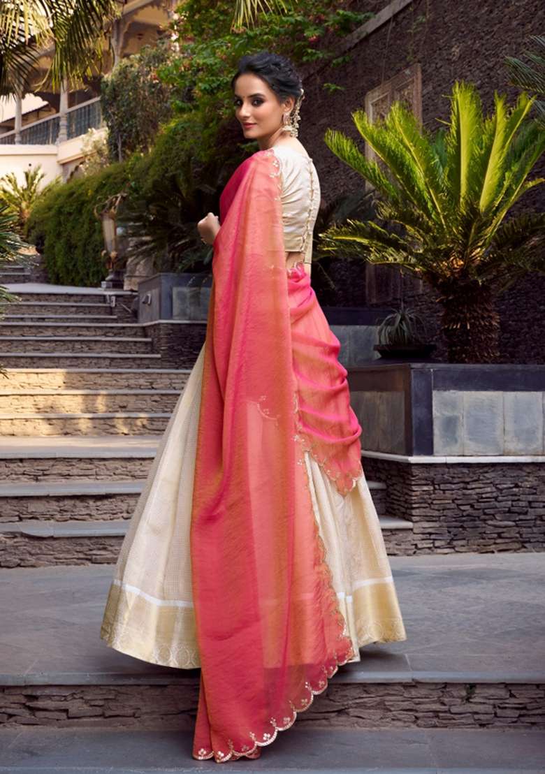 Cream Jacquard Lehenga Set with Zari Work for Diwali | Wedding & Festive Wear - Indya
