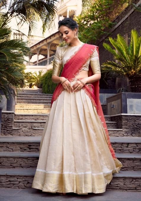 Cream Zari Work Jacquard Lehenga Set