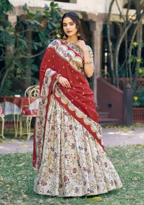 Beige Printed Silk Blend Lehenga Set