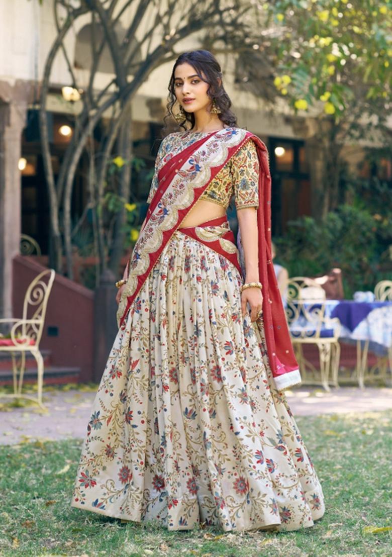 Beige Printed Silk Blend Lehenga Set - Indya