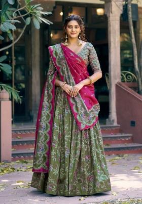Green Printed Silk Blend Lehenga Set