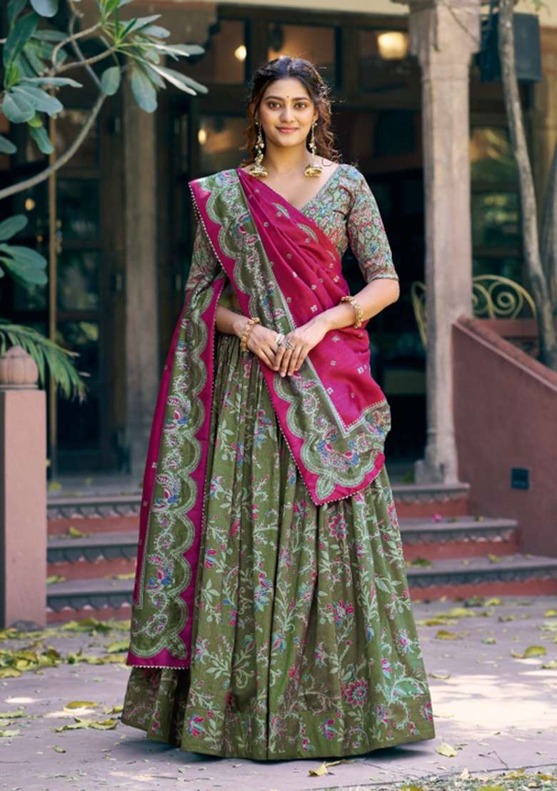 Green Silk Blend Lehenga Set with Printed for Diwali | Wedding & Festive Wear - Indya