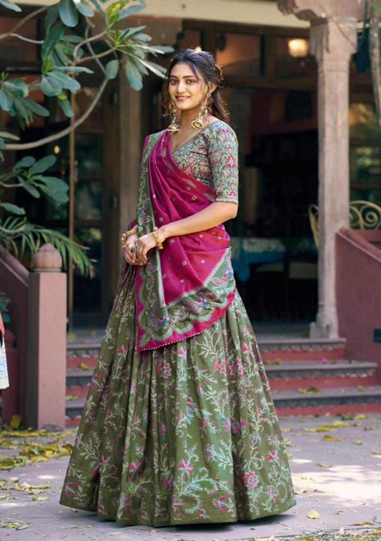 Green Printed Silk Blend Lehenga Set - Indya