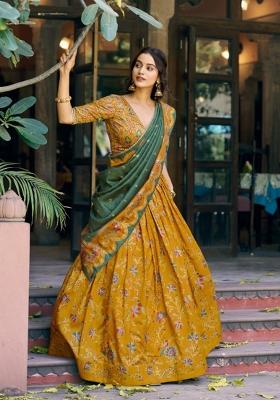 Mustard Printed Silk Blend Lehenga Set