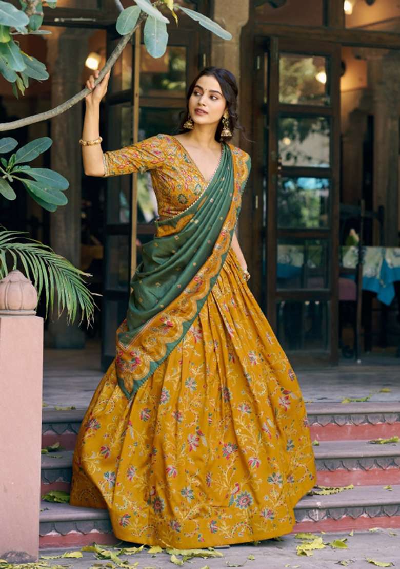 Mustard Printed Silk Blend Lehenga Set - Indya