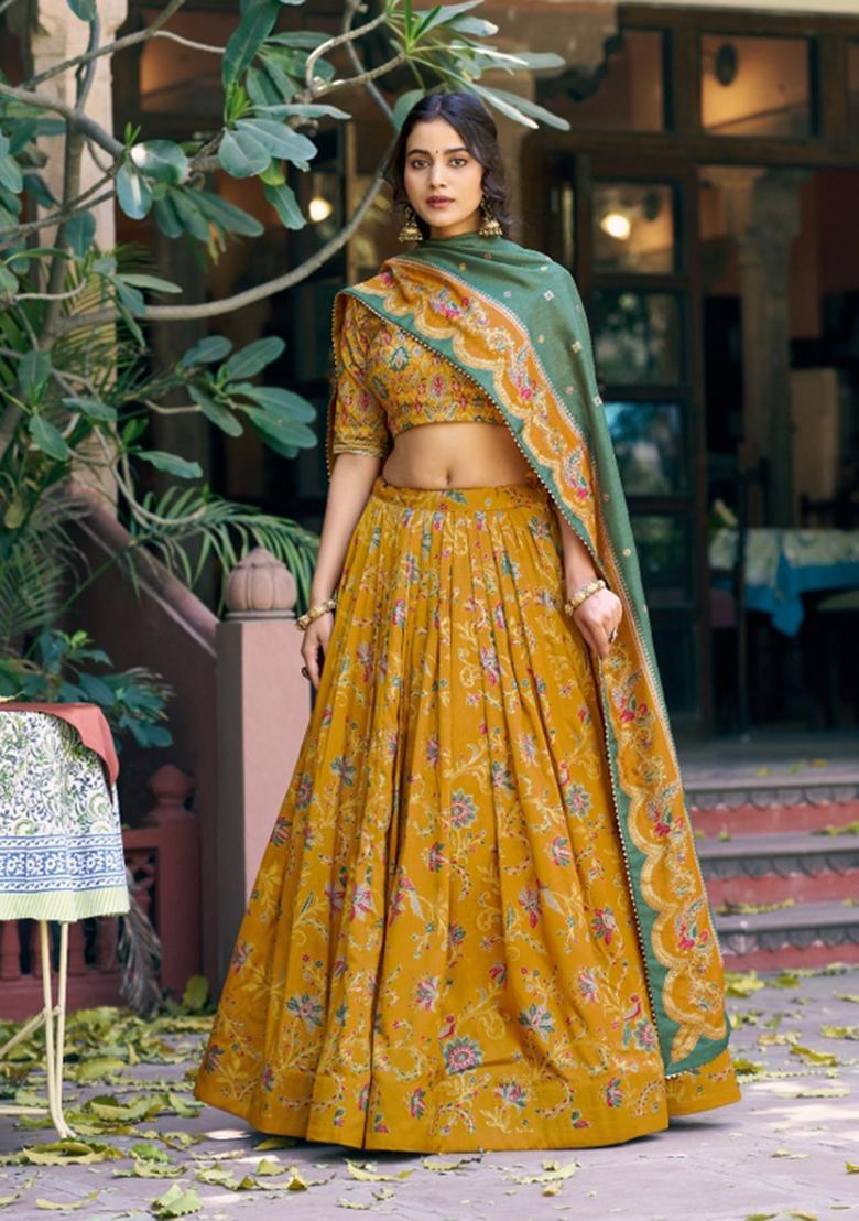 Mustard Printed Silk Blend Lehenga Set - Indya