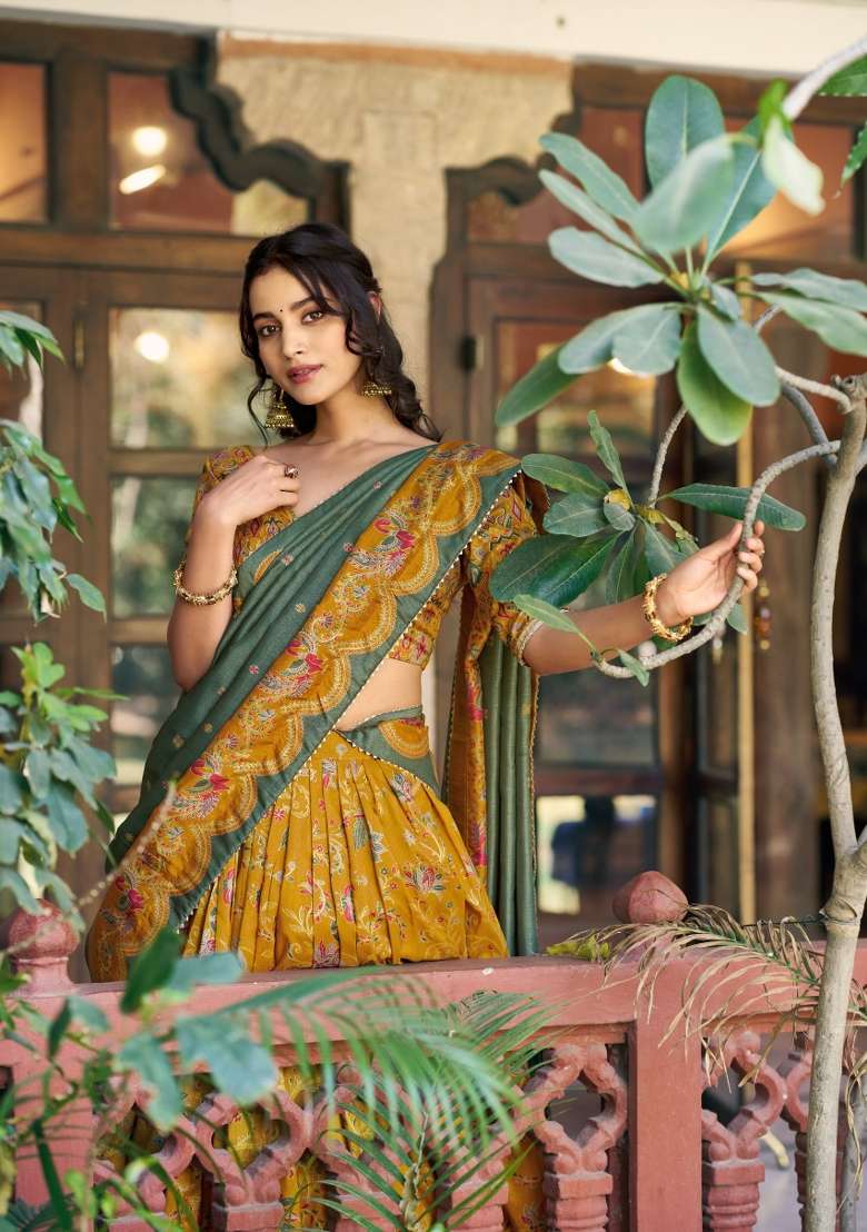 Mustard Printed Silk Blend Lehenga Set - Indya