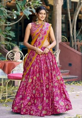 Pink Printed Silk Blend Lehenga Set