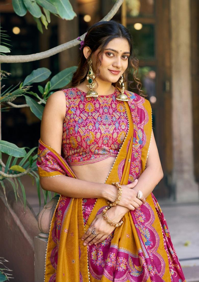 Pink Printed Silk Blend Lehenga Set - Indya