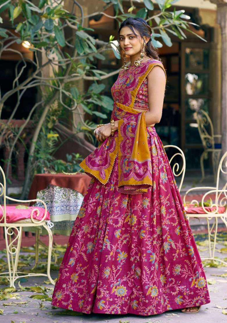 Pink Silk Blend Lehenga Set with Printed for Diwali | Wedding & Festive Wear - Indya