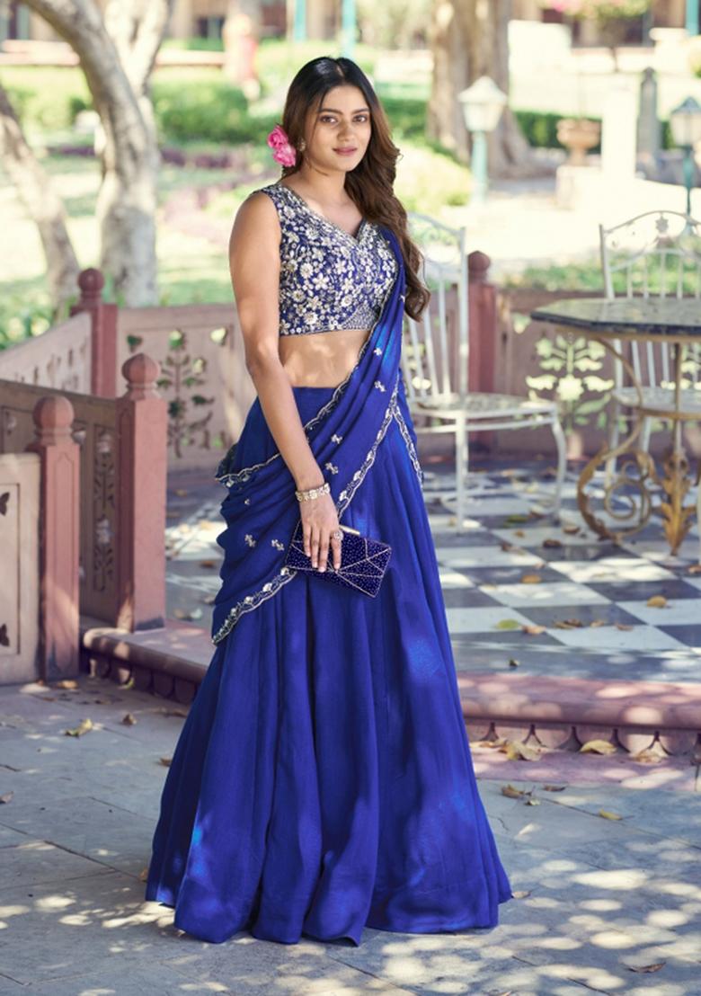 Royal Blue Solid P C Kashmiri Lehenga Set - Indya