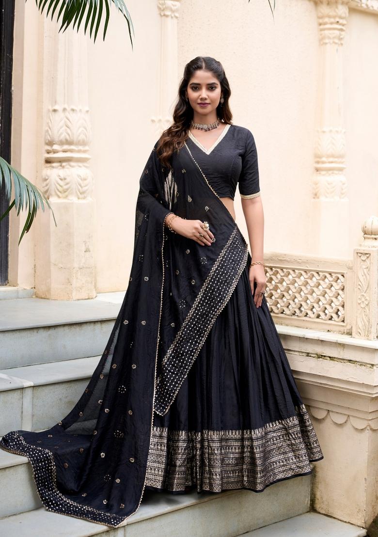 Black Zari Work Cotton Lehenga Set - Indya