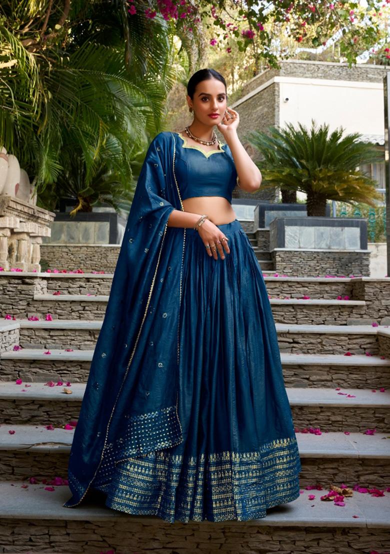 Blue Zari Work Cotton Lehenga Set - Indya