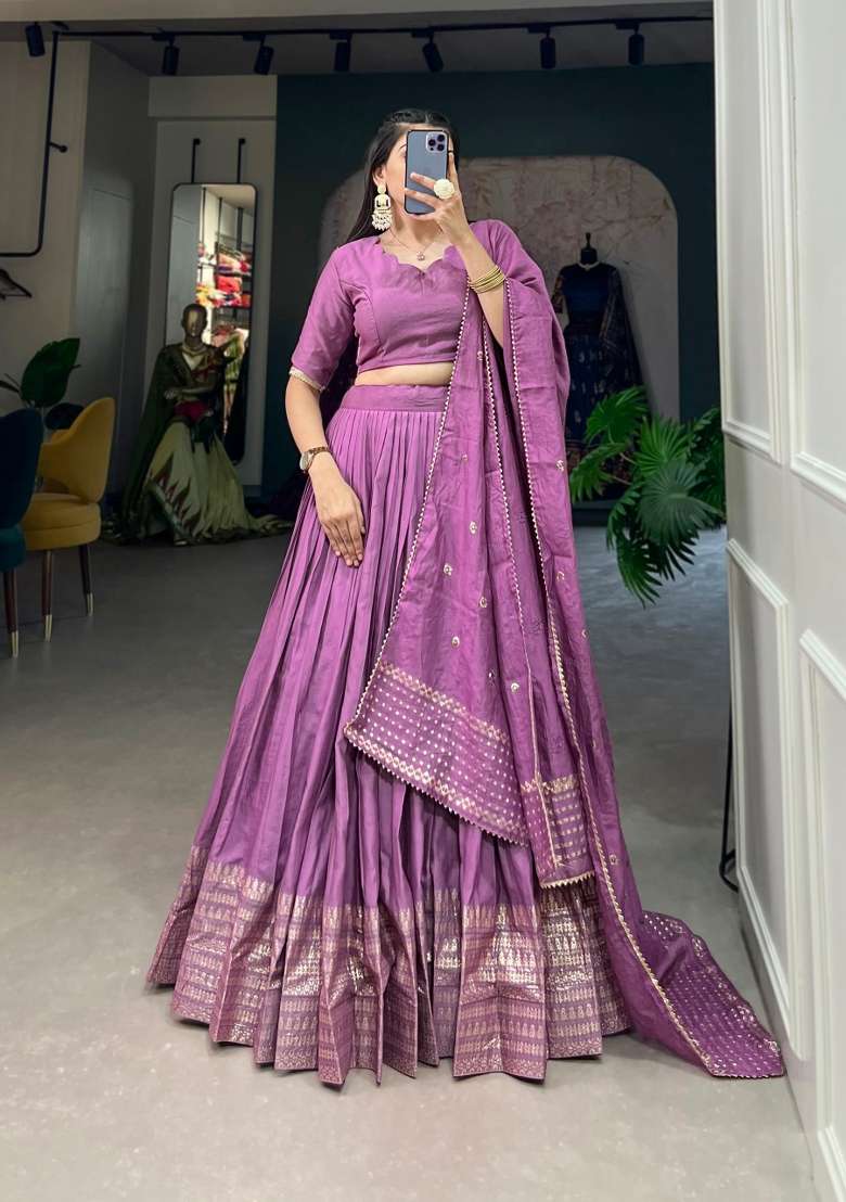 Lavender Cotton Lehenga Set with Zari Work for Diwali | Wedding & Festive Wear - Indya