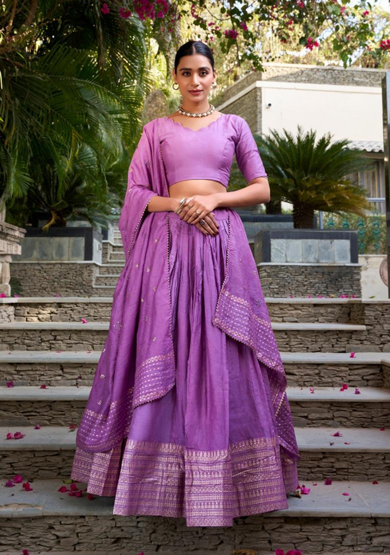 Lavender Zari Work Cotton Lehenga Set - Indya