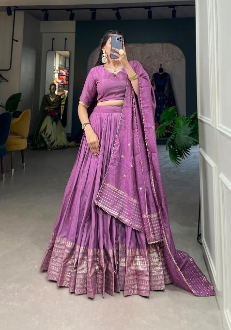 Lavender Zari Work Cotton Lehenga Set