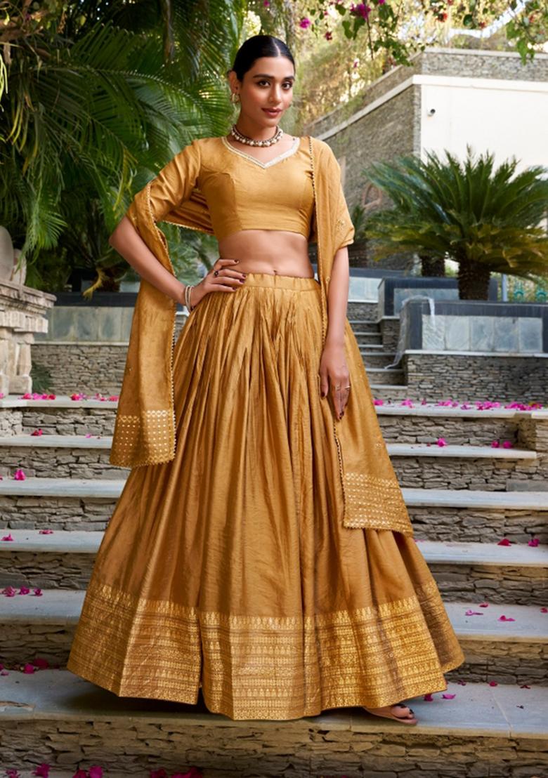Mustard Zari Work Cotton Lehenga Set - Indya