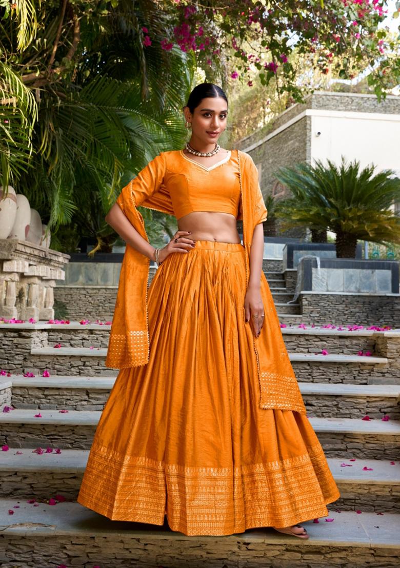Orange Zari Work Cotton Lehenga Set - Indya