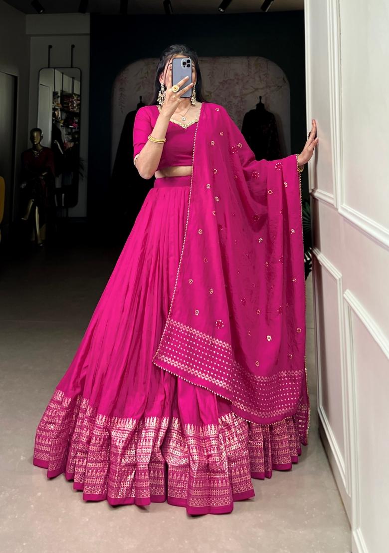 Pink Zari Work Cotton Lehenga Set - Indya