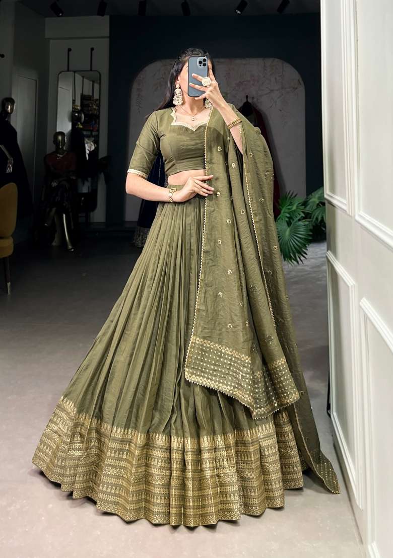 Pista Zari Work Cotton Lehenga Set for Diwali and Festive Wear - Indya