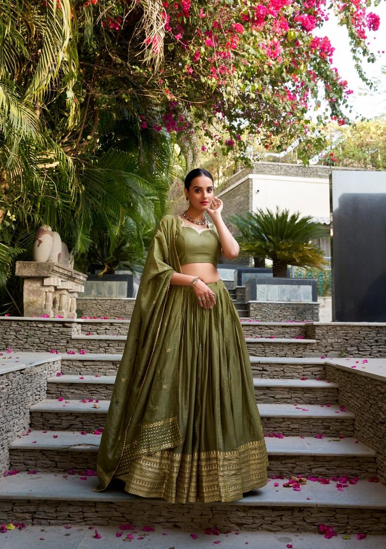 Pista Zari Work Cotton Lehenga Set - Indya