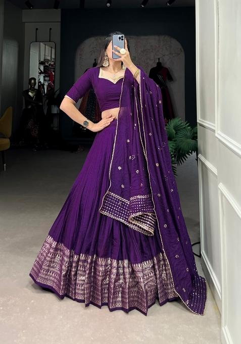 Purple Zari Work Cotton Lehenga Set
