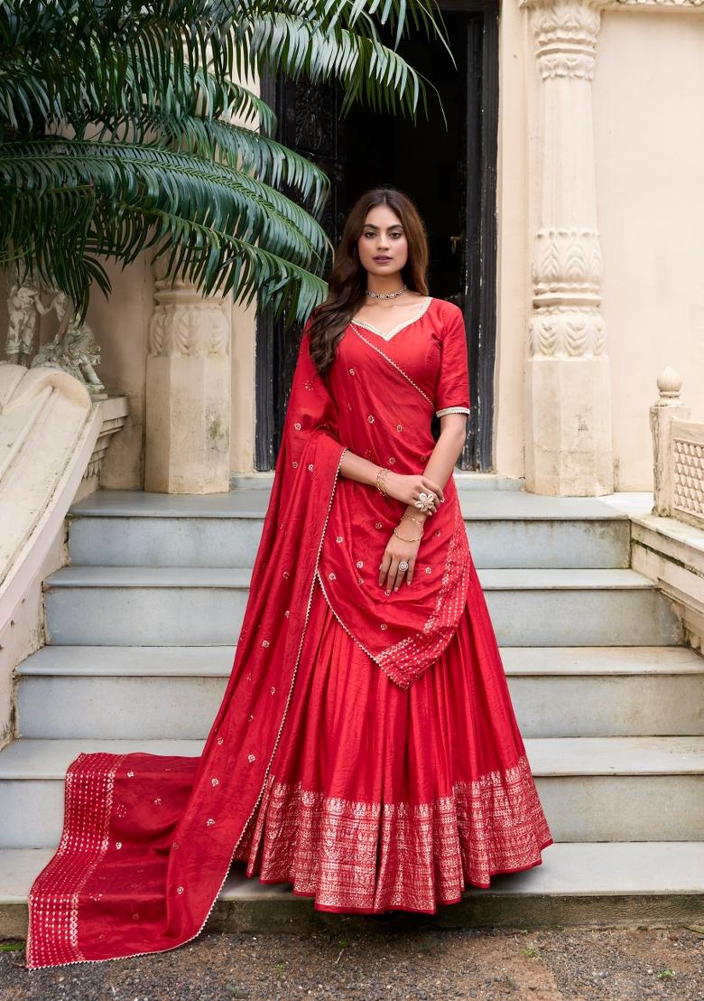 Red Zari Work Cotton Lehenga Set - Indya