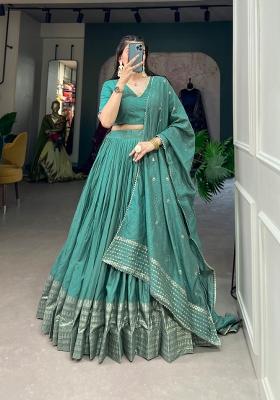 Sea Green Zari Work Cotton Lehenga Set
