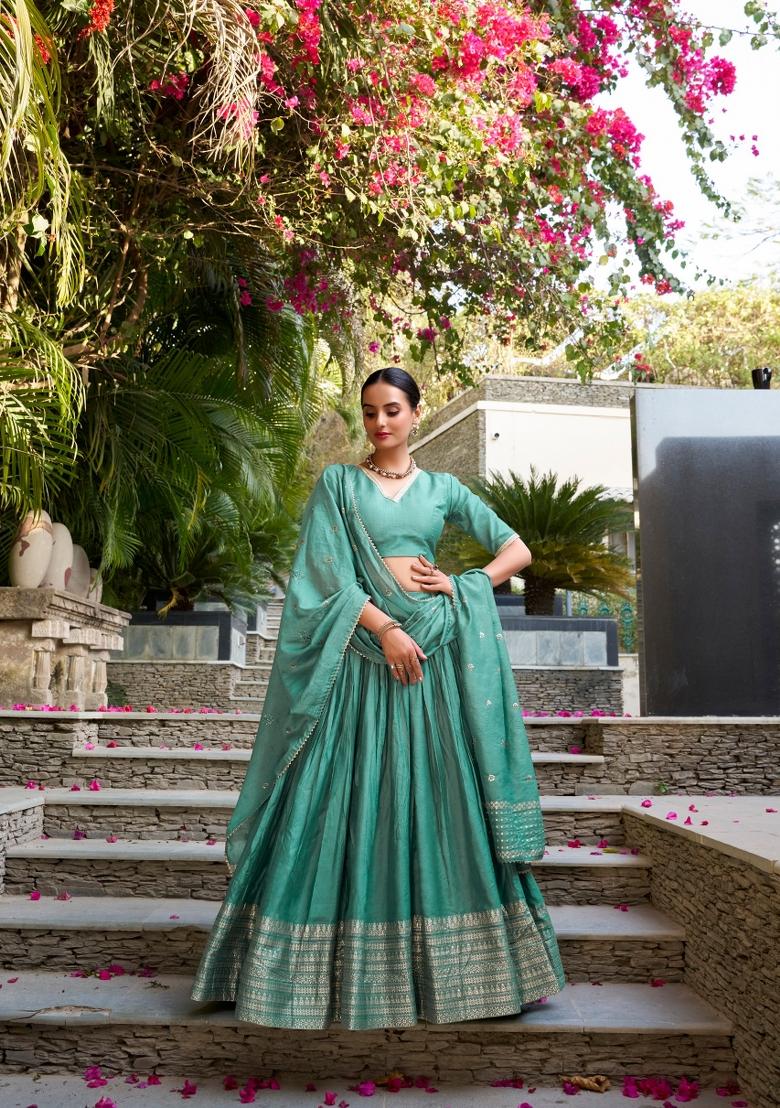 Sea Green Zari Work Cotton Lehenga Set - Indya