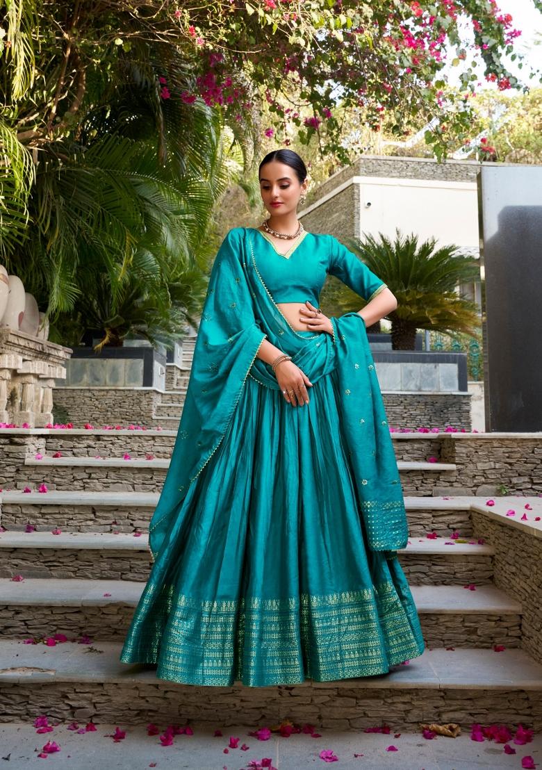 Sky Blue Zari Work Cotton Lehenga Set - Indya