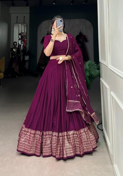 Wine Zari Work Cotton Lehenga Set