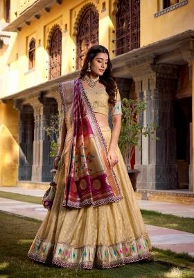 Beige Zari Work Silk Blend Lehenga Set
