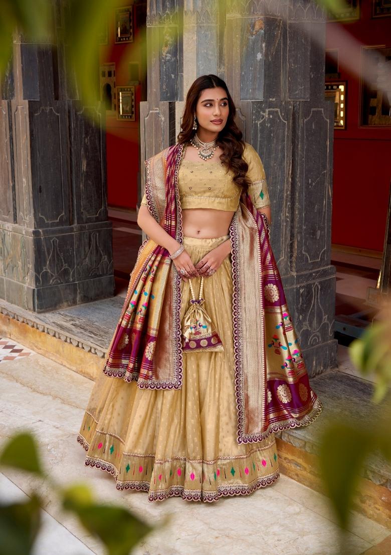 Beige Zari Work Silk Blend Lehenga Set - Indya