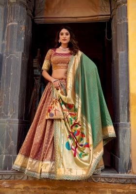 Brown Zari Work Silk Blend Lehenga Set