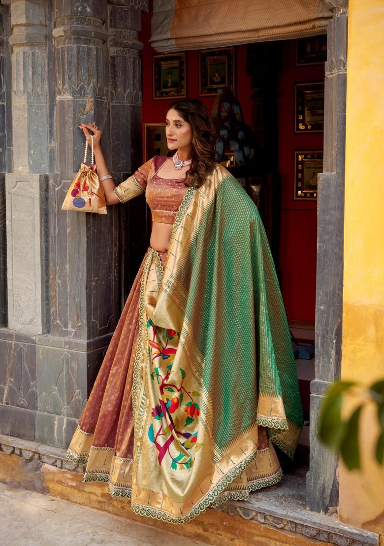 Brown Zari Work Silk Blend Lehenga Set - Indya