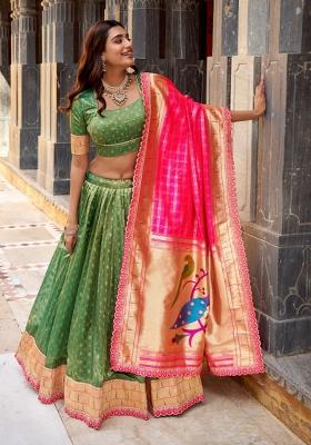Green Zari Work Silk Blend Lehenga Set