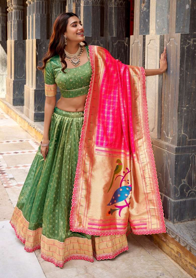 Green Zari Work Silk Blend Lehenga Set - Indya