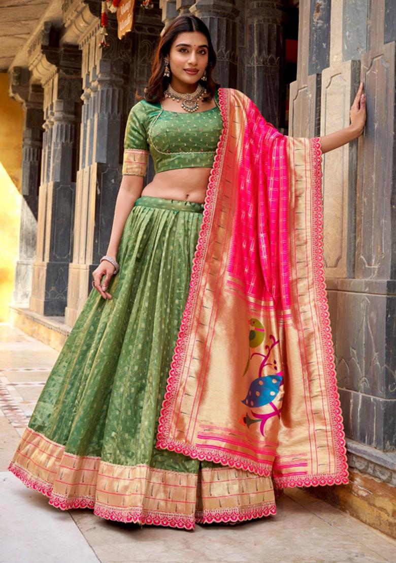 Green Zari Work Silk Blend Lehenga Set - Indya