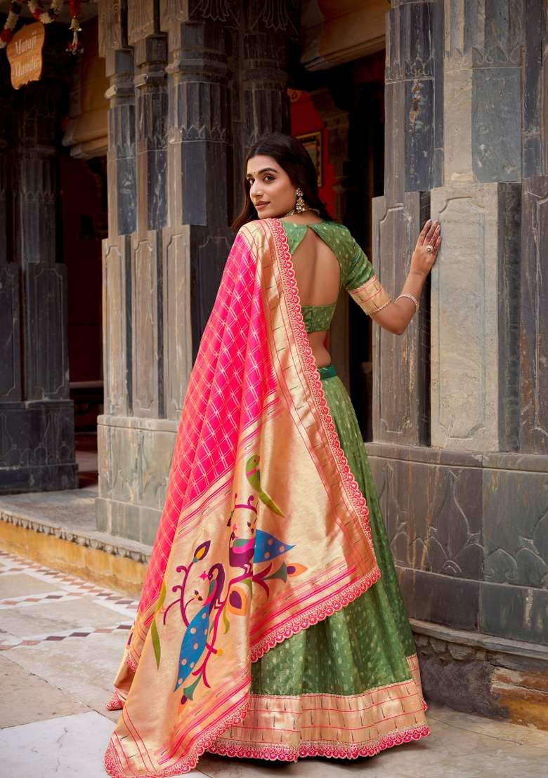 Green Zari Work Silk Blend Lehenga Set - Indya