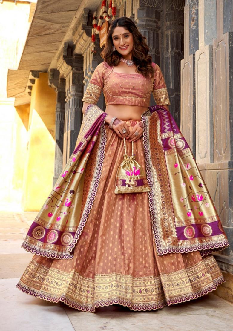 Peach Zari Work Silk Blend Lehenga Set - Indya