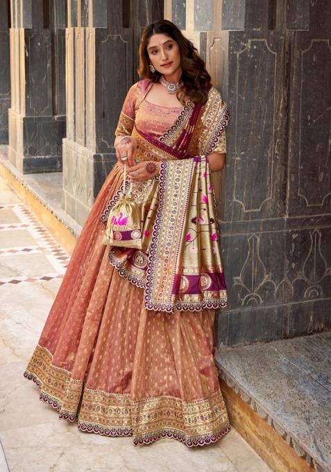 Peach Zari Work Silk Blend Lehenga Set