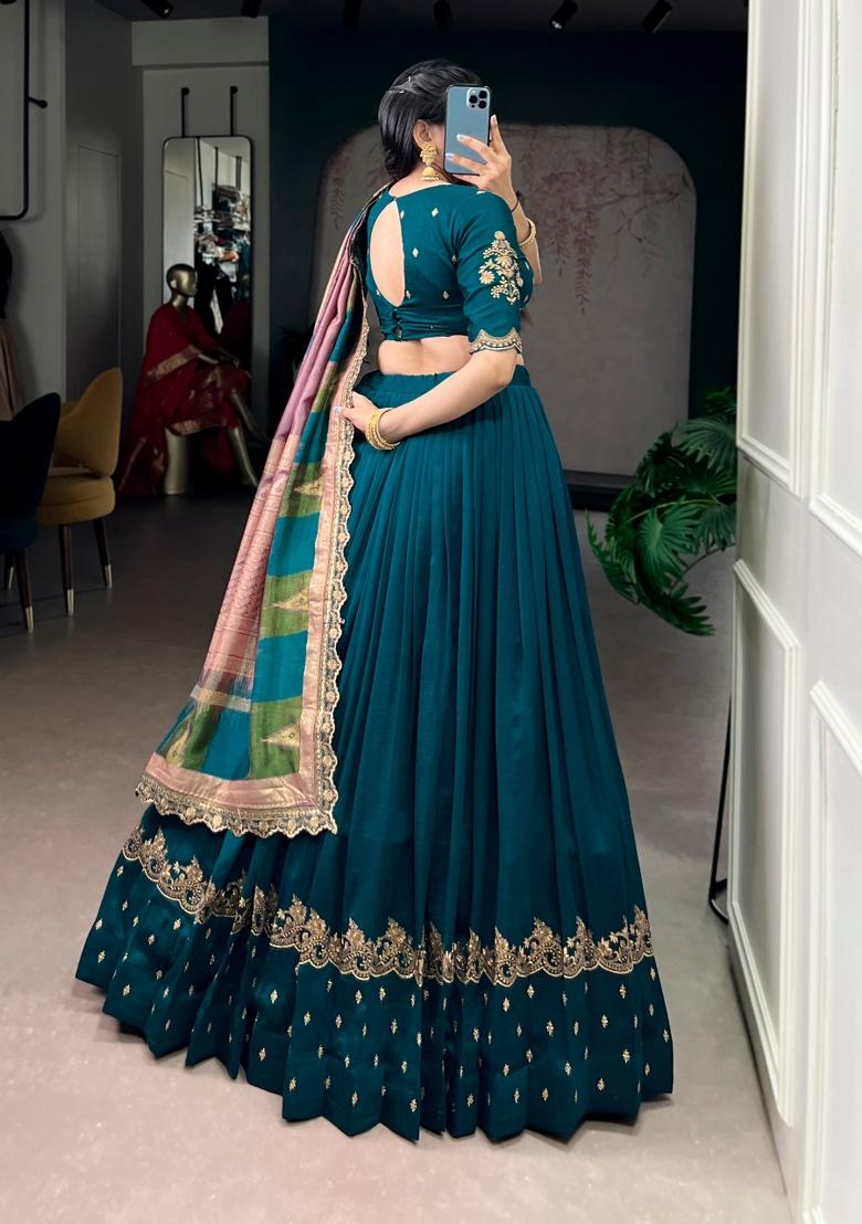 Firozi Embroidered Silk Blend Lehenga Set - Indya