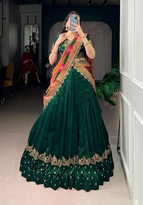 Green Embroidered Silk Blend Lehenga Set