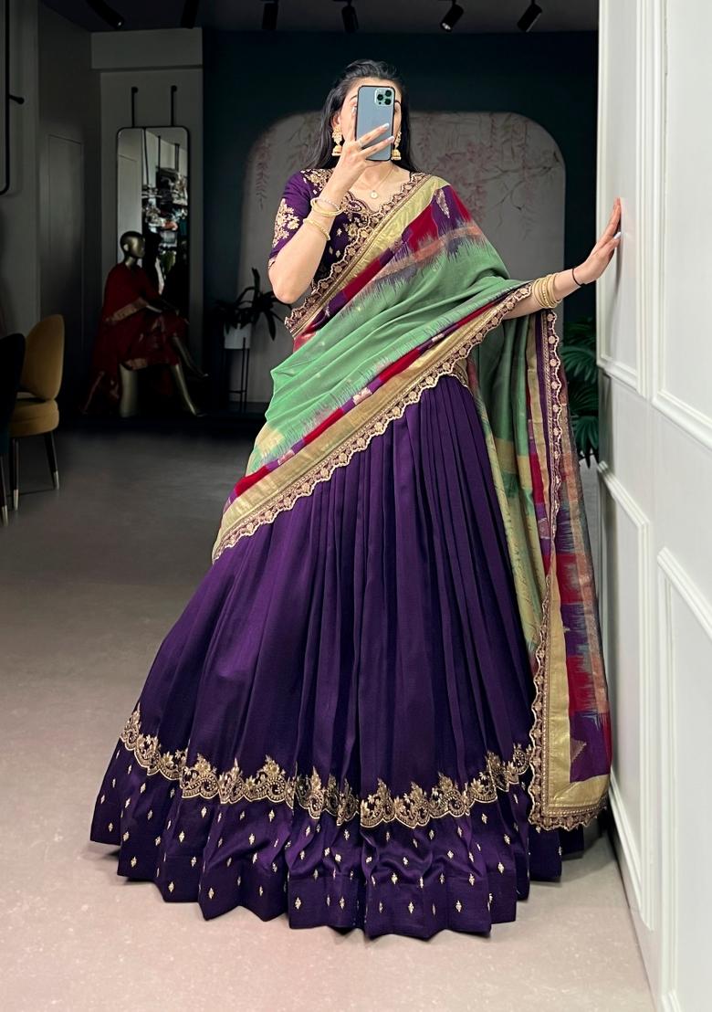Purple Embroidered Silk Blend Lehenga Set - Indya