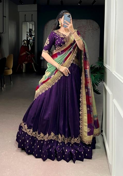 Purple Embroidered Silk Blend Lehenga Set