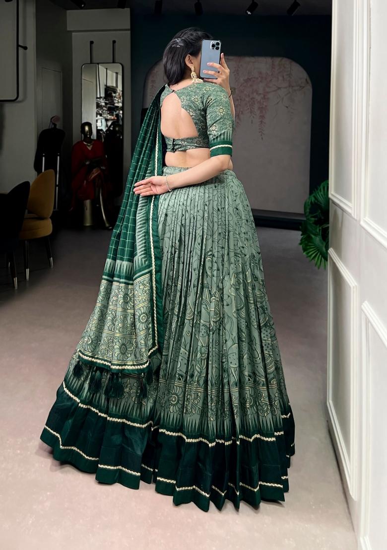 Green Printed Silk Blend Lehenga Set - Indya