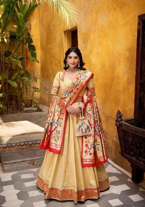Beige Zari Work Silk Blend Lehenga Set